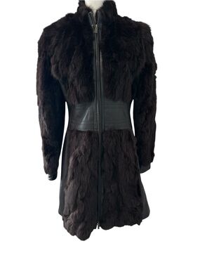 Bebe Y2K Women's Dark Brown Fur-Trimmed Leather Coat